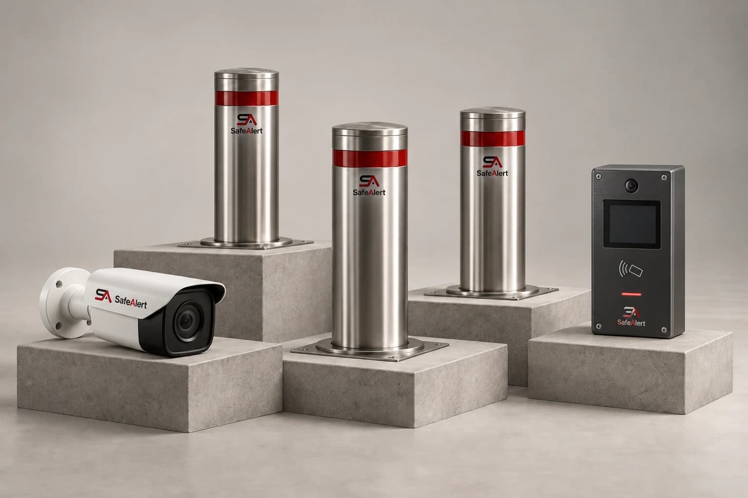 Representación conceptual de una cámara CCTV, bolardos automáticos y un terminal de control de acceso con marca SafeAlert